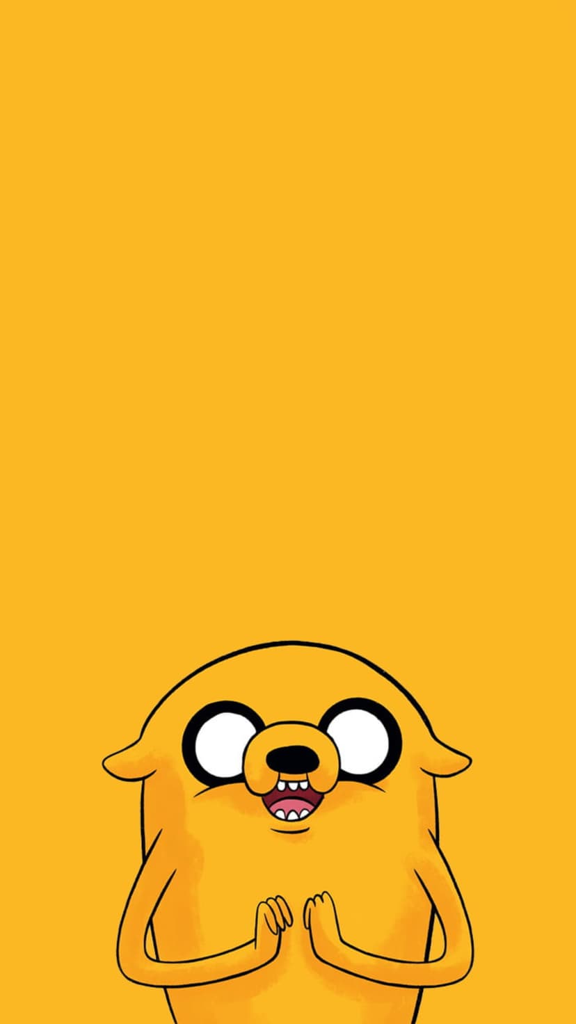 Jake the Dog with wide eyes and a happy expression centered on a solid, bright orange portrait background.