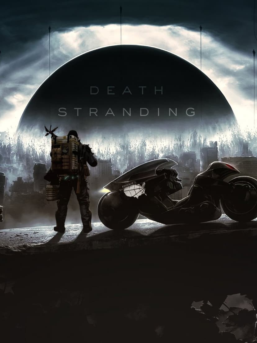 Sam Porter Bridges stands by a futuristic motorcycle before a giant black sphere in a ruined city.