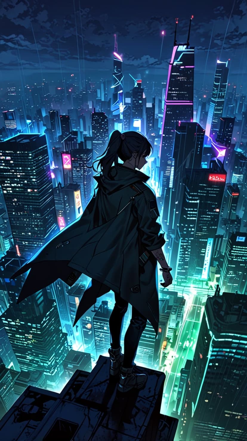 Woman in a dark trench coat stands on a rainy rooftop looking at a neon-lit futuristic city skyline at night.