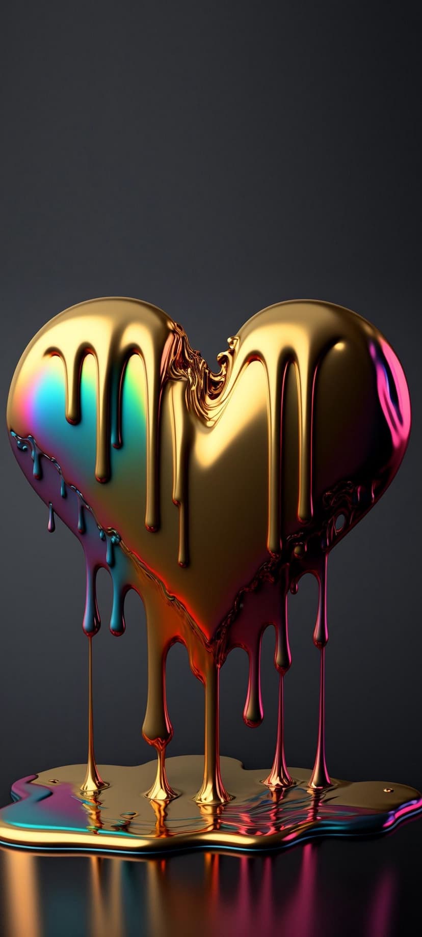 Molten golden heart sculpture with multi-colored liquid drips cascading down against a dark gray background.