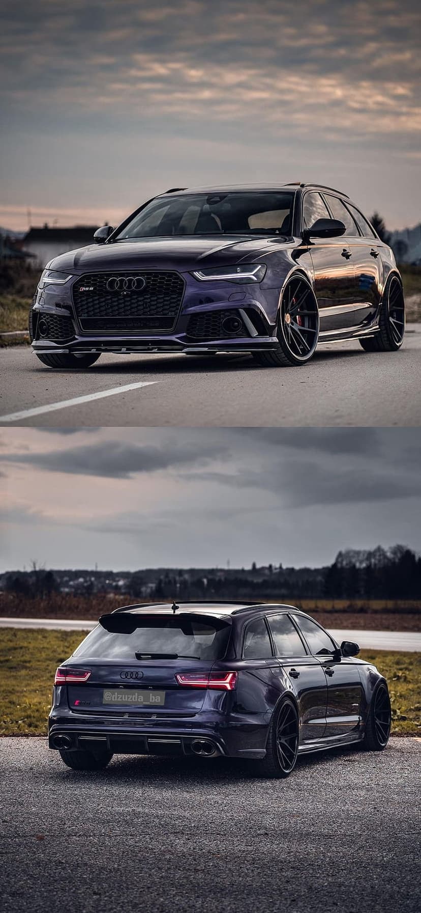 Dark purple Audi RS6 Avant wagon with black wheels on asphalt against a moody overcast sky in a split view.