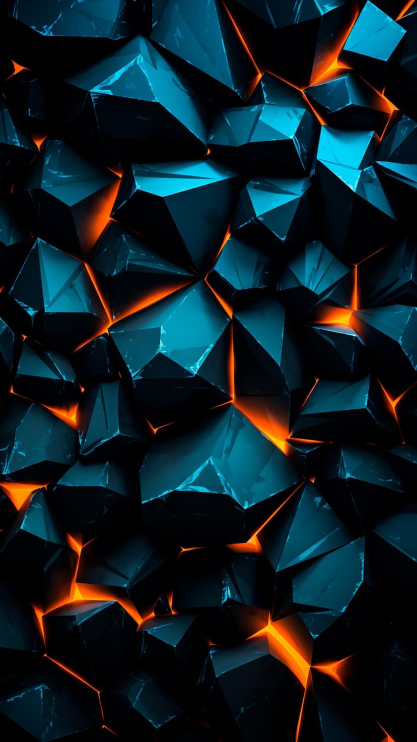 Glowing orange light beams burst from between dark teal geometric shards and sharp obsidian-colored angular tiles.