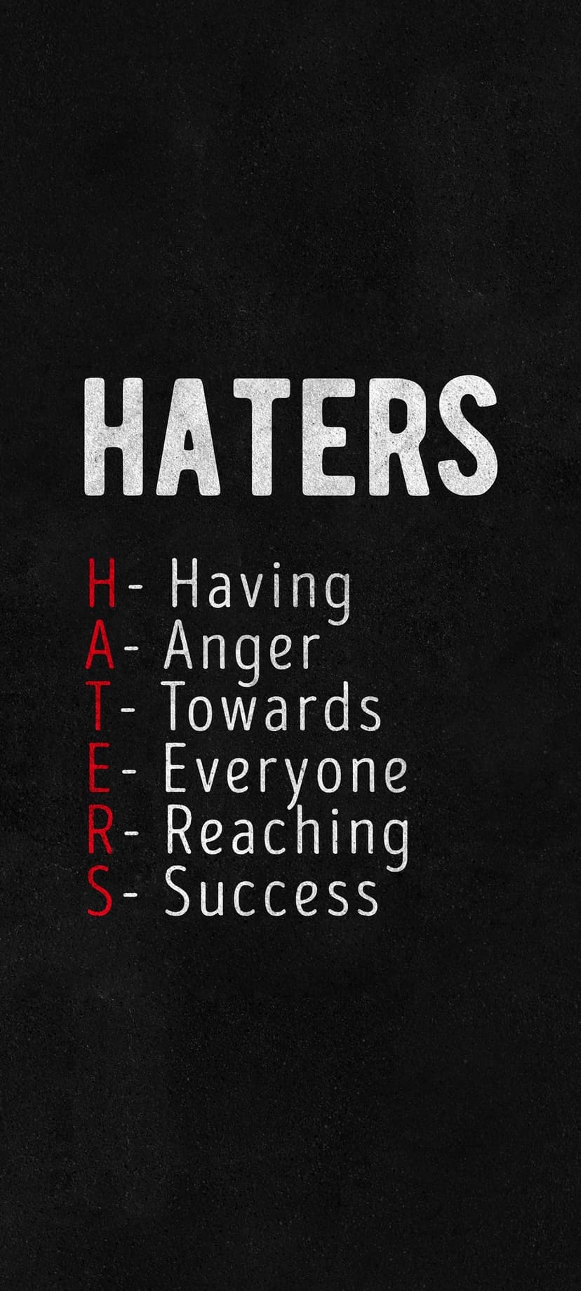 Bold white and red HATERS acronym text centered on a dark, gritty textured background for mobile screens.