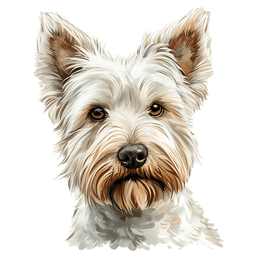 West Highland White Terrier watercolor portrait showing a dogs head with white fur and dark eyes on black.