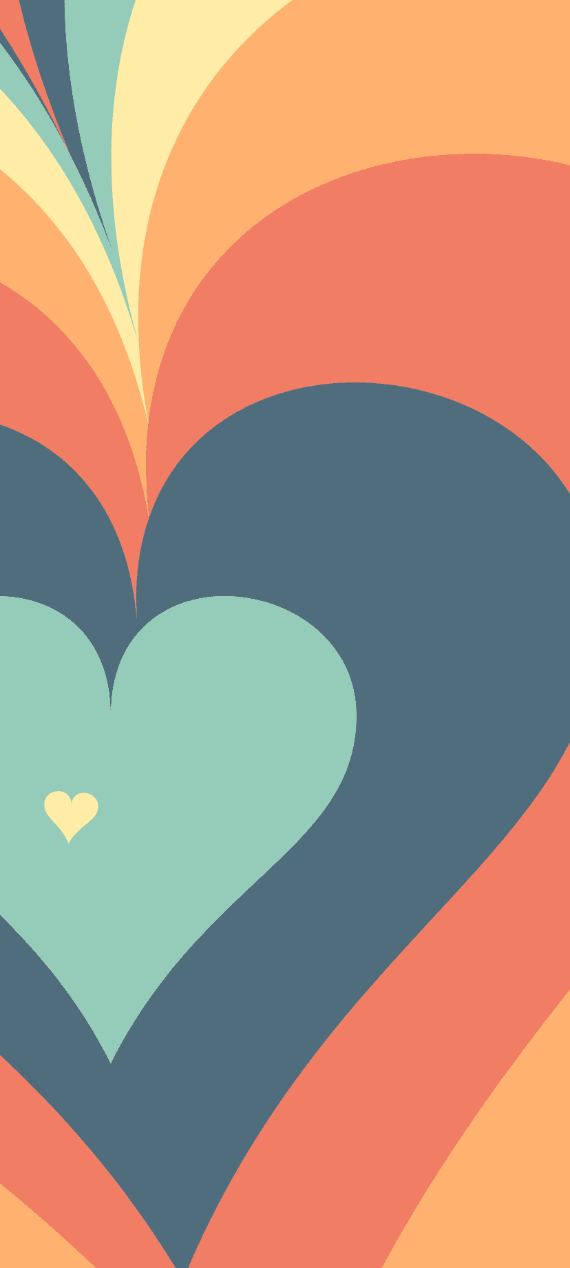 Stylized heart outlines in teal and dark blue nestle within coral and yellow curved bands on a vertical screen.