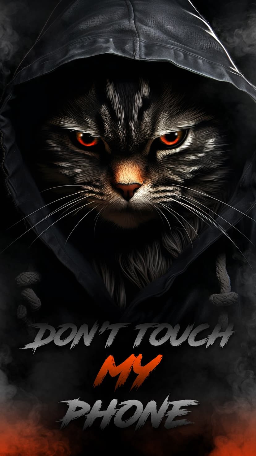 Aggressive cat in a dark hoodie with glowing red eyes stands behind distressed Don't Touch My Phone text.