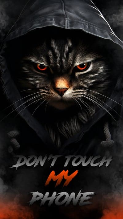 Fierce Cat in Hoodie "Don't Touch My Phone" Wallpaper
