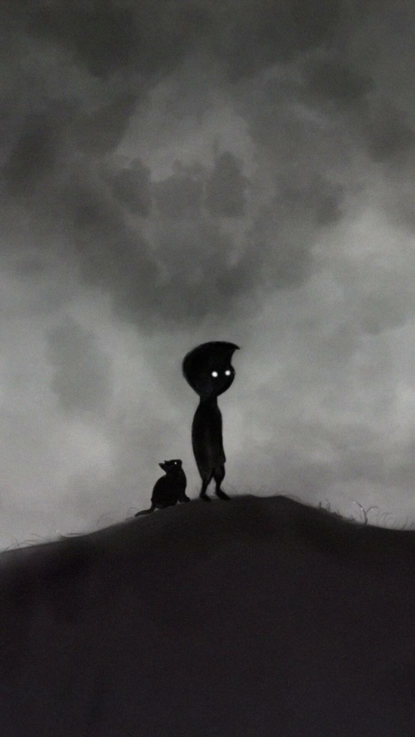 Silhouette of a small boy and a cat with glowing white eyes standing on a dark hill against a cloudy grey sky.