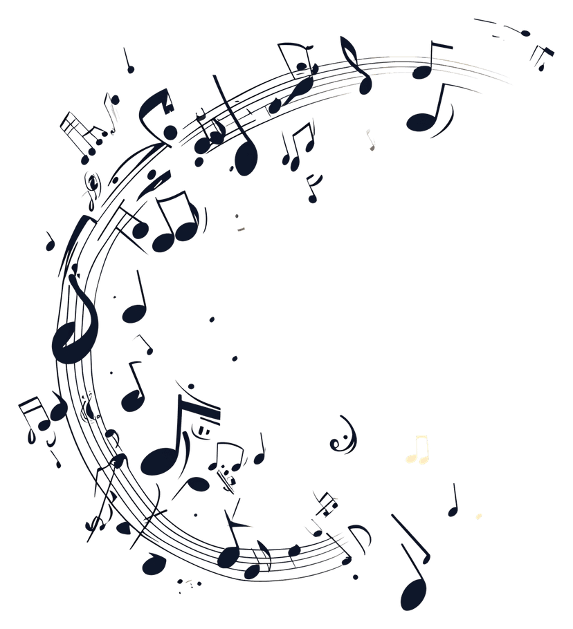 Black musical notes arranged in rising crescendo formation against a transparent background for graphic design.