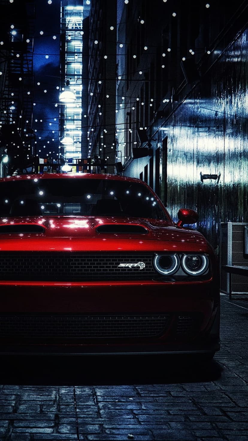 Red Dodge Challenger SRT parked on wet cobblestones at night under fairy lights with glowing halo headlights.