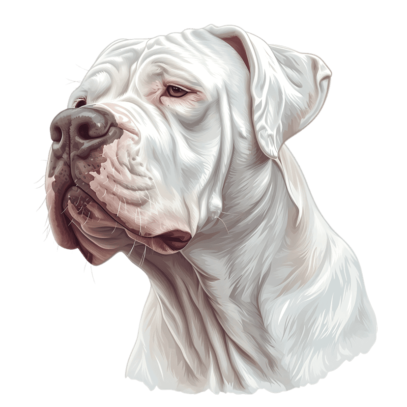 Dogo Argentino dog digital portrait featuring a muscular white coat and intense gaze over a black background.