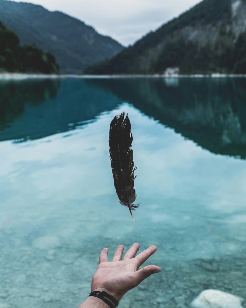Black feather floating above an open palm with a scenic backdrop of a still alpine lake and forested mountains.