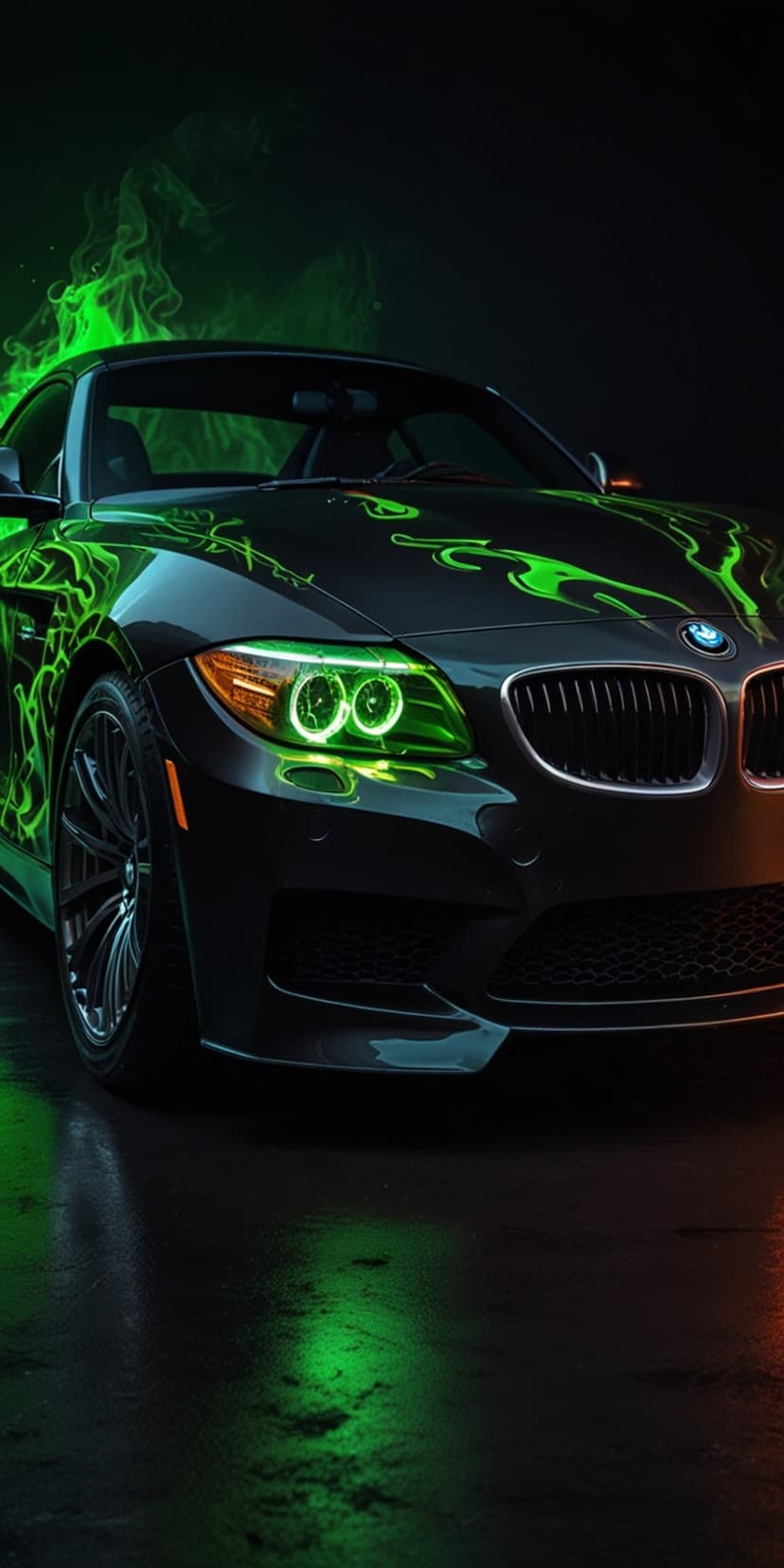Black BMW sports car with green flame graphics and neon headlights reflected on a wet dark asphalt surface.
