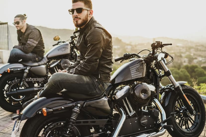 Two men in leather jackets sit on Harley-Davidson motorcycles on a hilly road during a golden sunset glow.
