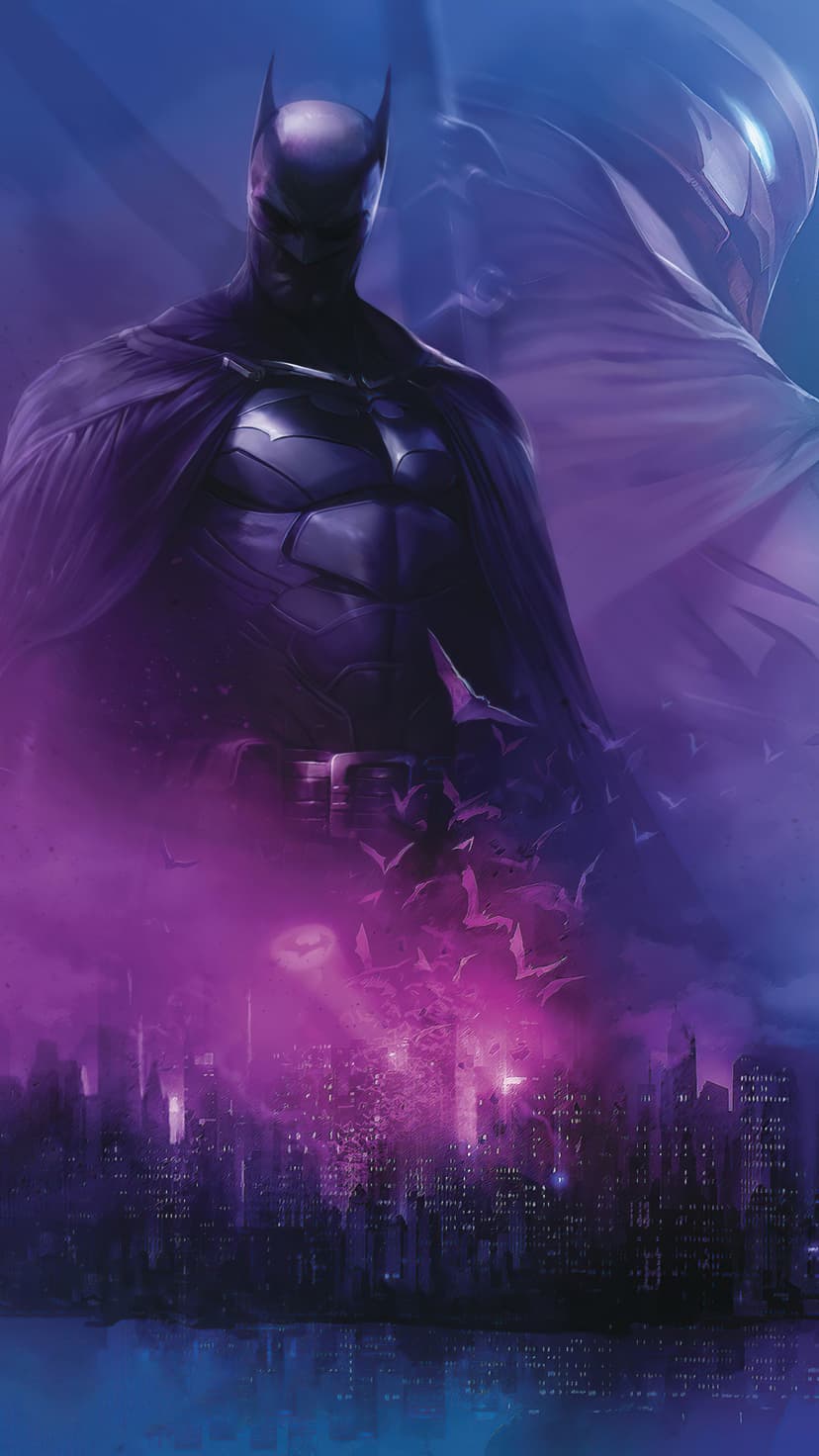 Batman stands on a ledge overlooking a neon purple Gotham City with bats flying through a hazy night sky.