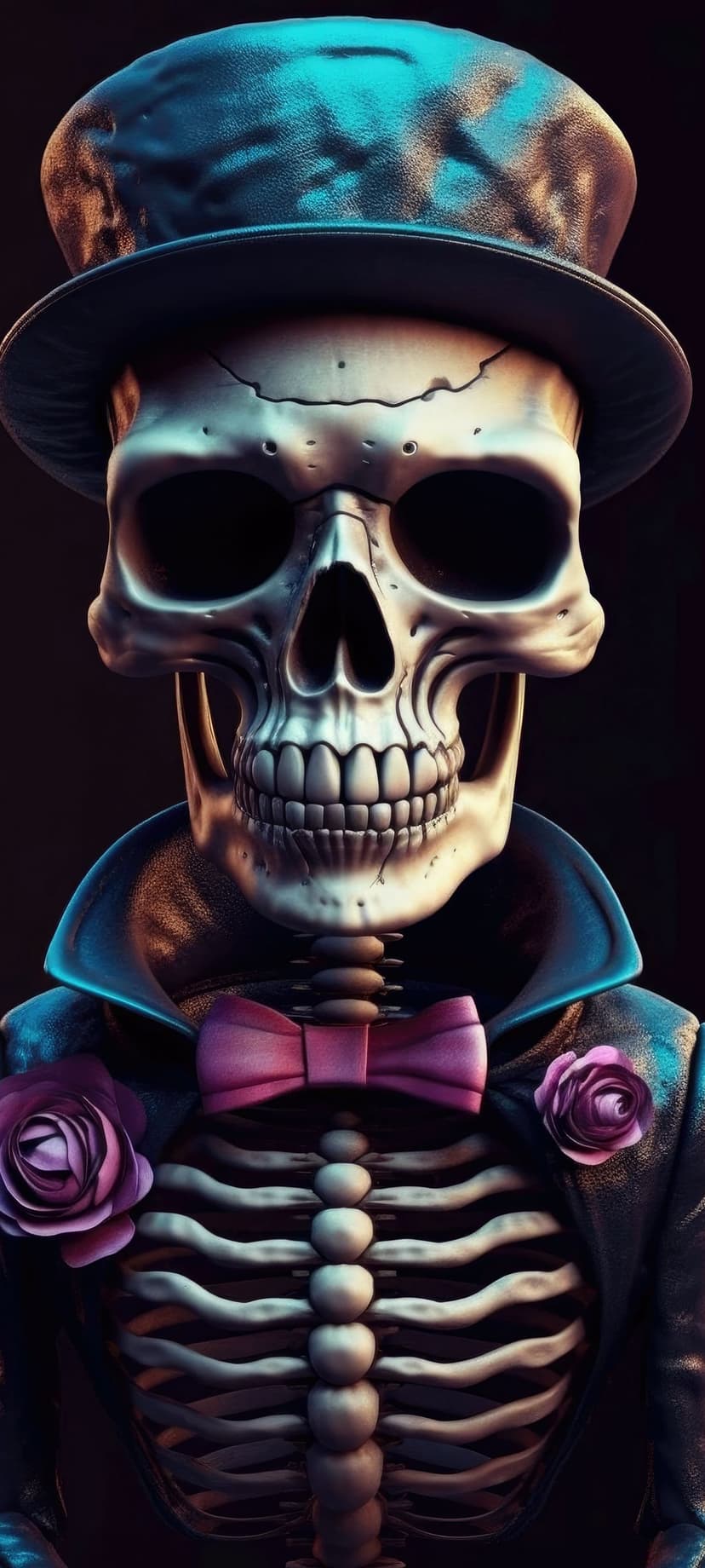 Skeleton wearing a blue top hat, pink bowtie, and purple roses on a black jacket against a dark background.