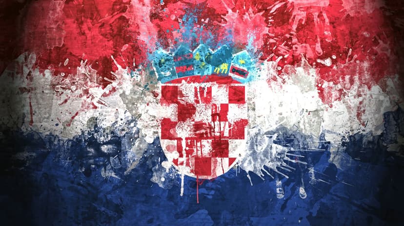 Croatian coat of arms shield and crown centered over a red, white, and blue paint-splattered grunge background.