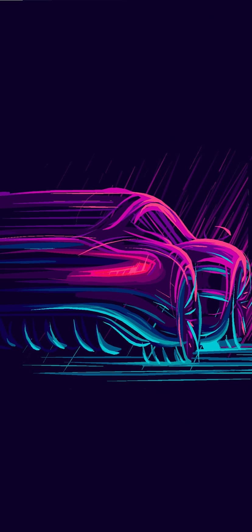 Stylized sports car glowing in pink and cyan neon as it speeds through a dark purple futuristic environment.