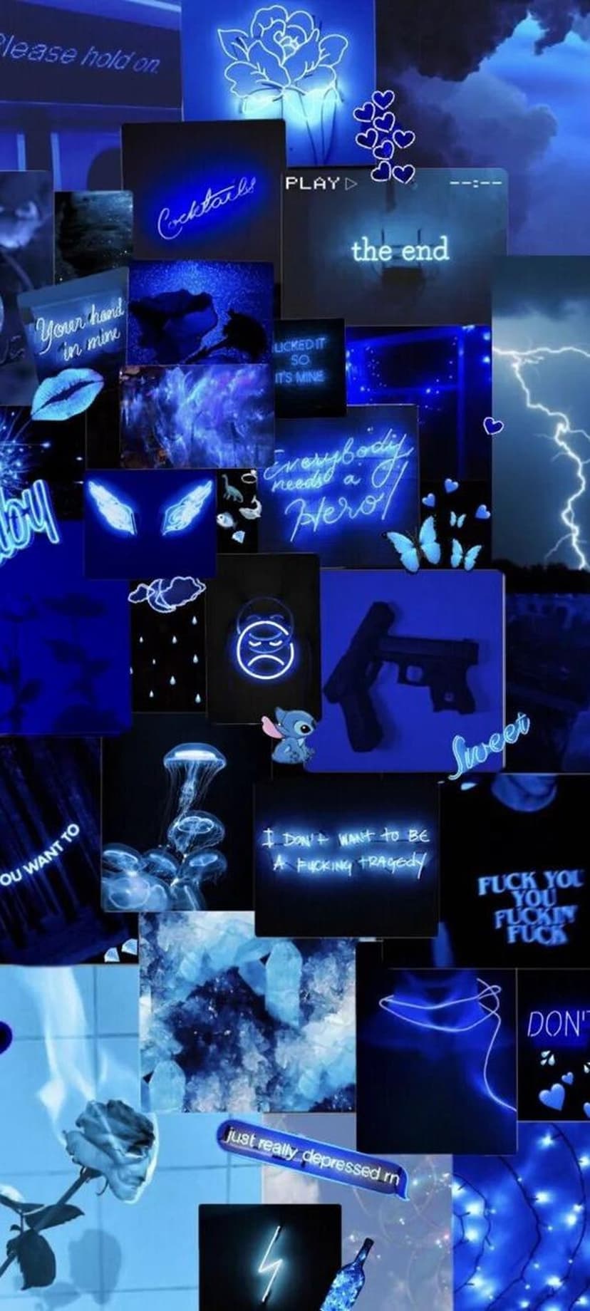 Neon signs, electric lightning strikes, and soft blue flowers are arranged in a dark aesthetic collage.