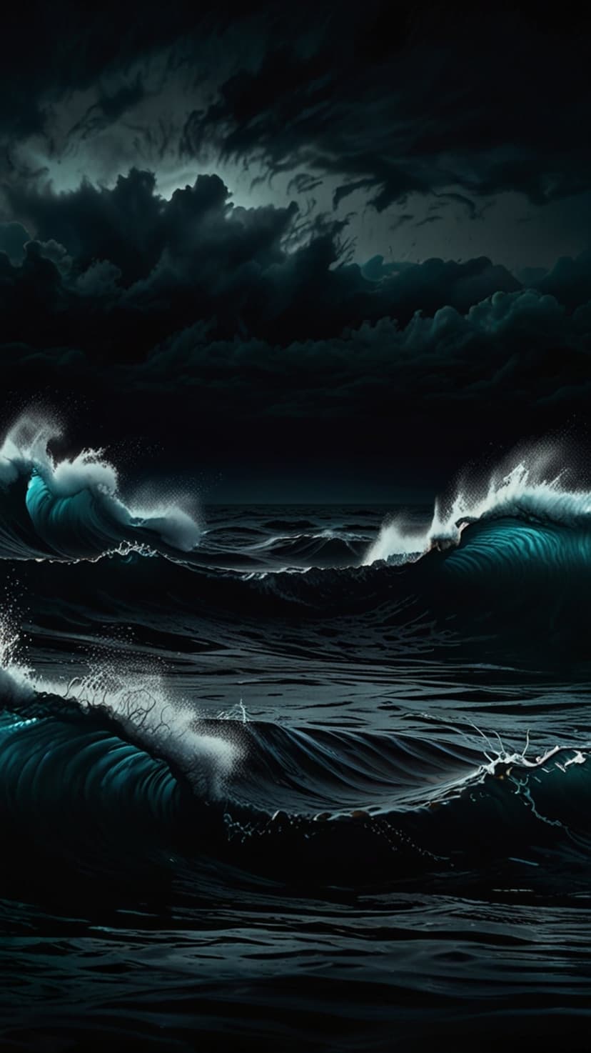 Crashing teal ocean waves swell under thick dark storm clouds during a high-energy maritime tempest at night.