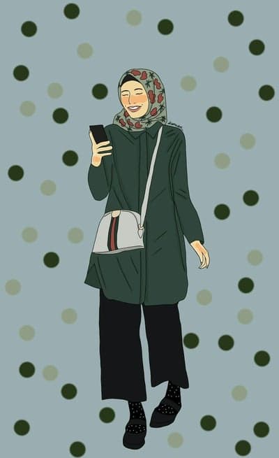 Woman in Hijab Looking at Phone with Polka Dot Background