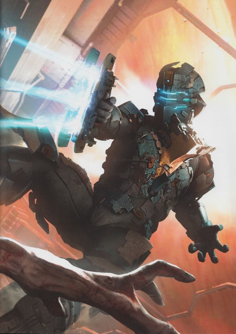 Isaac Clarke in futuristic armor fires a blue plasma cutter against a glowing orange industrial background.
