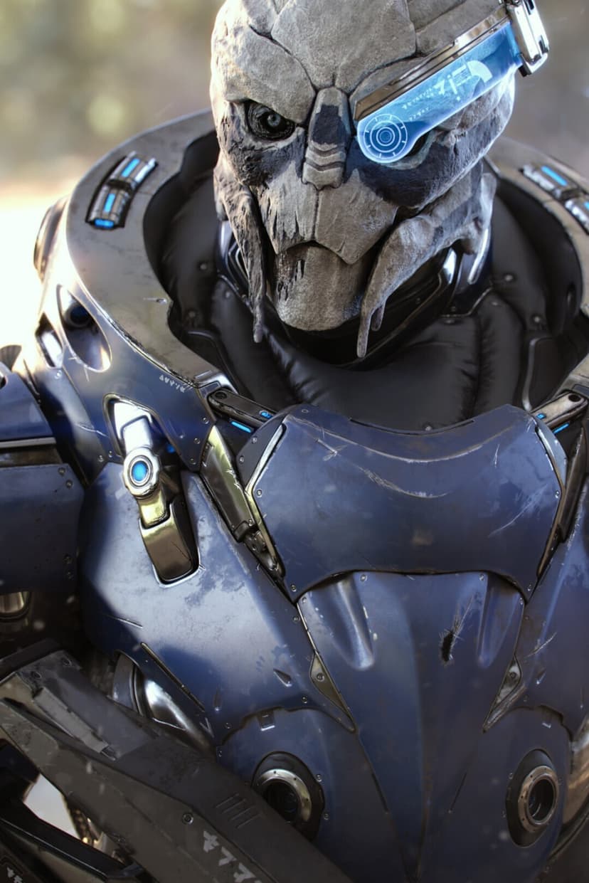 Turian warrior in blue scratched armor with a glowing electronic visor and textured facial plates.