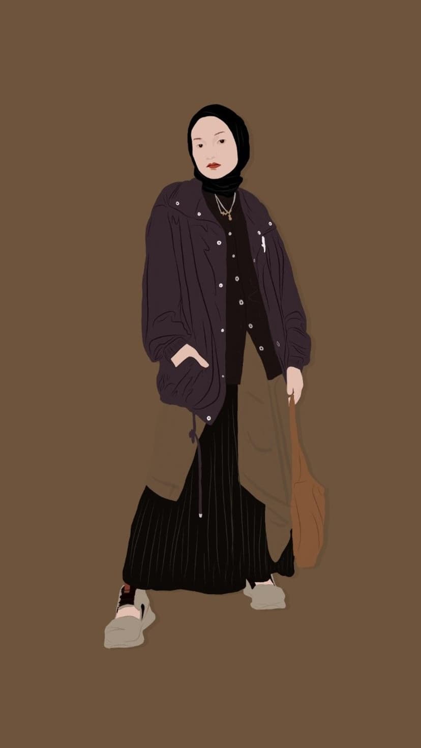 Hijabi woman in a black jacket, pleated skirt, and sneakers carrying a tan bag against a brown background.