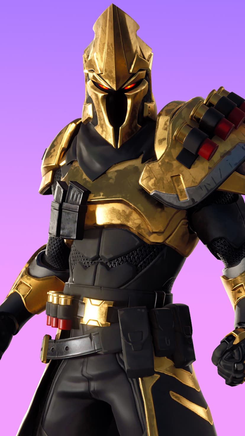 Golden knight armor with glowing red eyes, tactical shotgun shells on shoulders, and intricate black chest plate.
