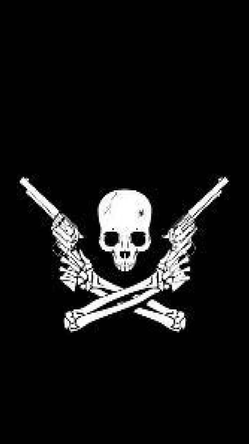 Pirate skull with crossed flintlock pistols and leg bones depicted in high-contrast black and white.