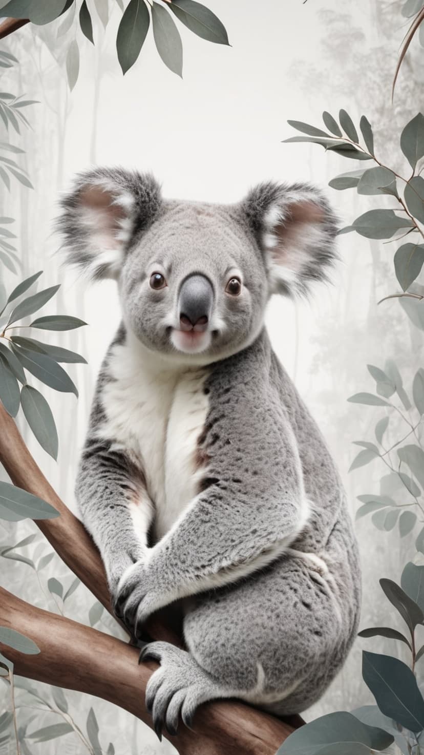 Fluffy koala with large dark eyes perches on a branch surrounded by green eucalyptus leaves in a misty forest.