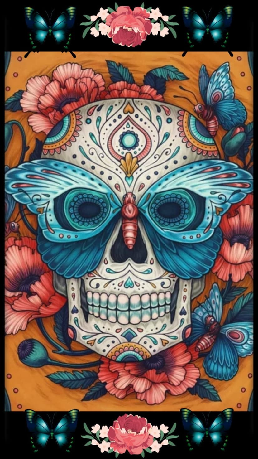 Sugar skull with blue butterfly eyes and red roses stands out against a glowing orange textured background.