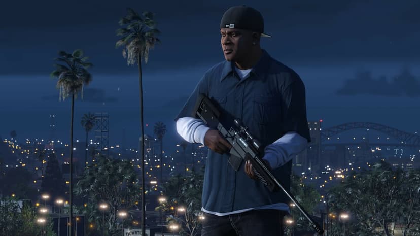 Man in navy shirt holding a sniper rifle at night with palm trees and a glowing city skyline in the background.