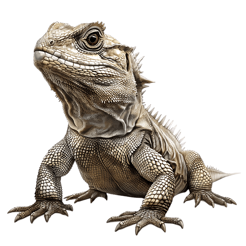 Tuatara lizard portrait showcasing detailed scales, sharp claws, and a spiny crest against a black background.
