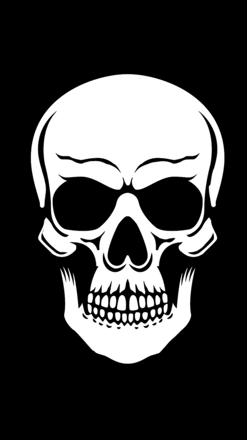 Human skull with prominent eye sockets and teeth centered on a solid black background with high contrast.