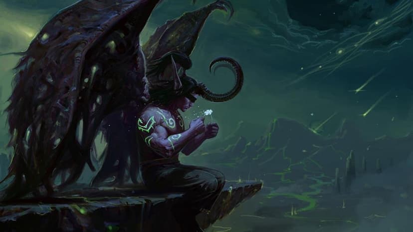 Demon hunter with large wings and glowing green tattoos sits on a cliff holding a small white flower.