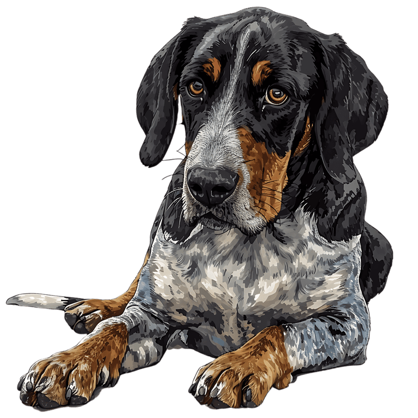 Black and Tan Coonhound dog rests on a dark surface showcasing shaggy fur, amber eyes, and tan facial markings.