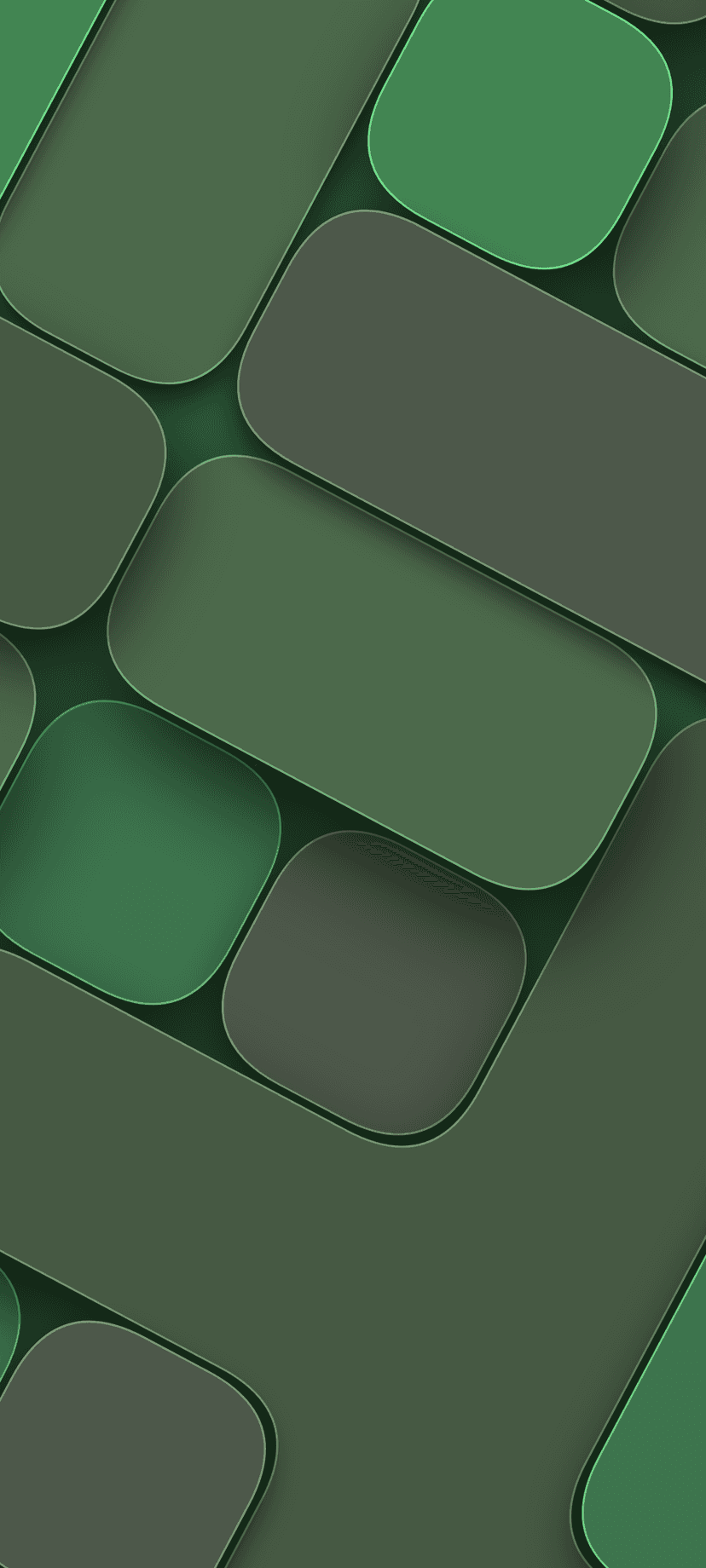 Overlapping green rounded rectangles in various shades create a textured geometric pattern with soft shadows.