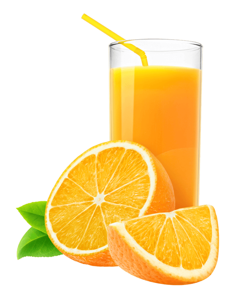 Orange juice in a clear glass stands next to a yellow manual citrus juicer with pulp details and matte shading.