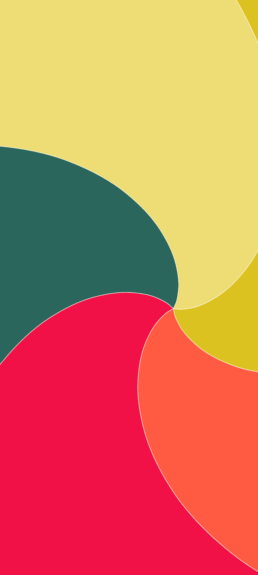 Swirling segments of yellow, teal, and crimson separated by thin white lines in a circular abstract pattern.