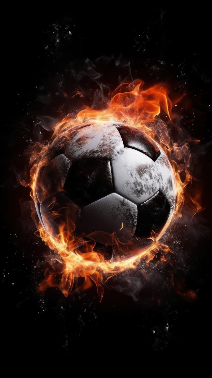 Soccer ball engulfed in orange flames against a dark smoky background with glowing embers and trail of fire.
