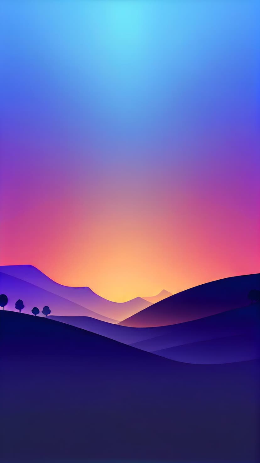 Purple mountain silhouettes stretch across the horizon under a vibrant blue, orange, and pink gradient sky.