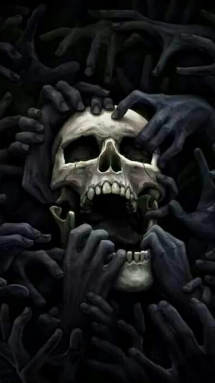 Human skull with a wide open mouth being pulled and gripped by dozens of dark, reaching hands in shadows.
