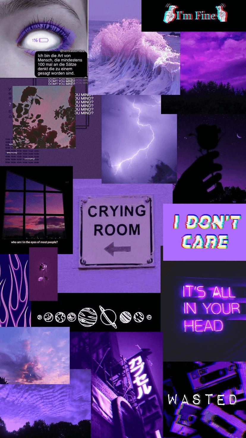 Purple ocean waves, lightning strikes, a lone rose, and neon signs arranged in a dark vertical aesthetic collage.