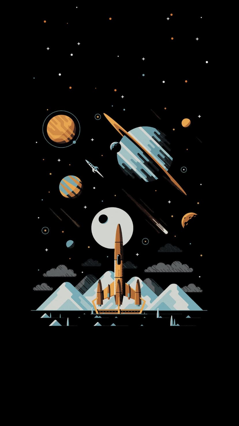 Rocket ship with orange exhaust trails soaring above snowy mountains toward a ringed planet in a starry night.