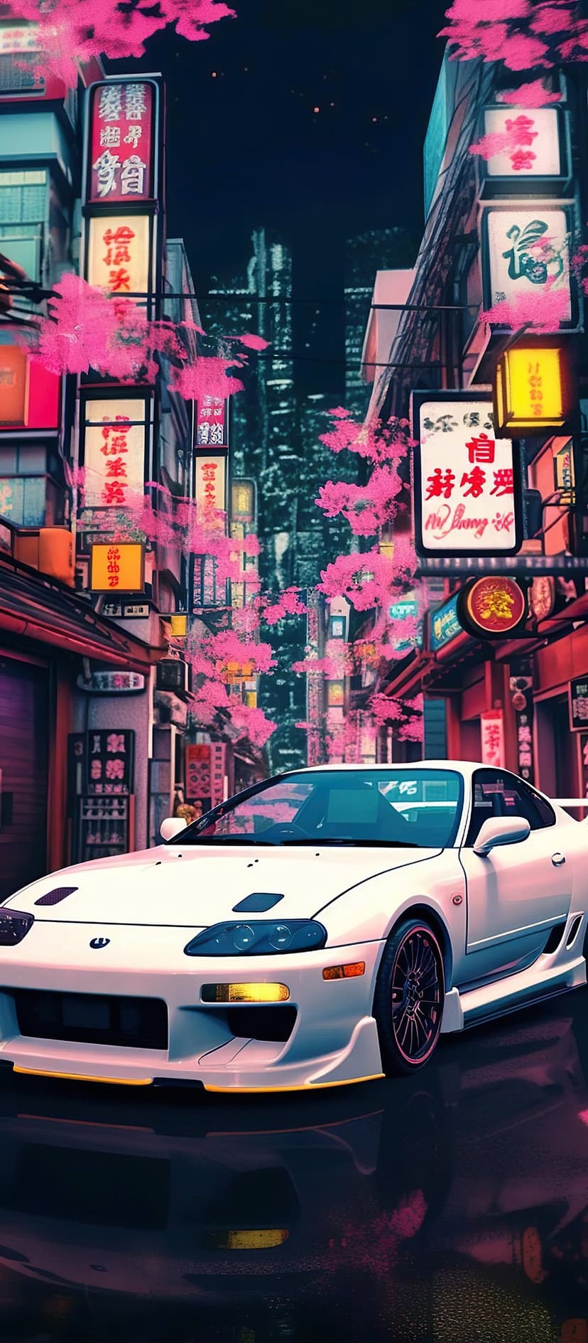White Toyota Supra sports car parked on a neon-lit Tokyo street with cherry blossoms falling in the night air.