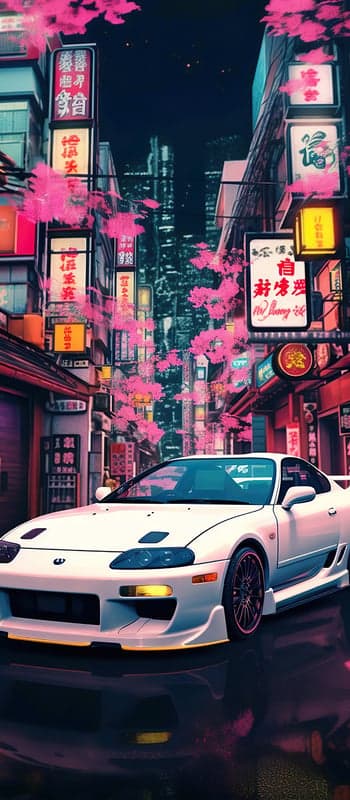 Cyberpunk Toyota Supra with Cherry Blossoms in Tokyo Night