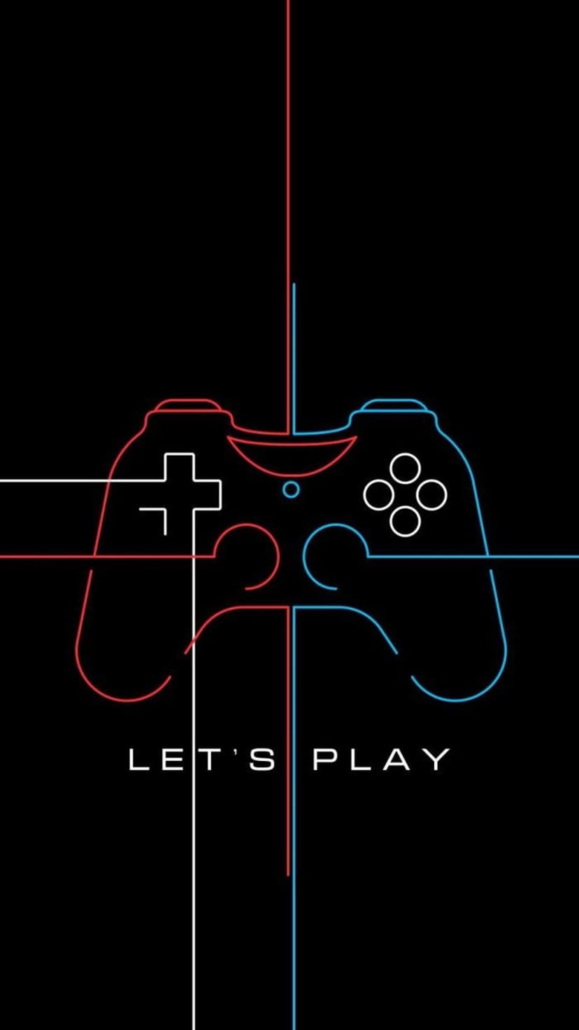 Glowing red and blue neon gamepad outline with white buttons above Let's Play text on a dark background.