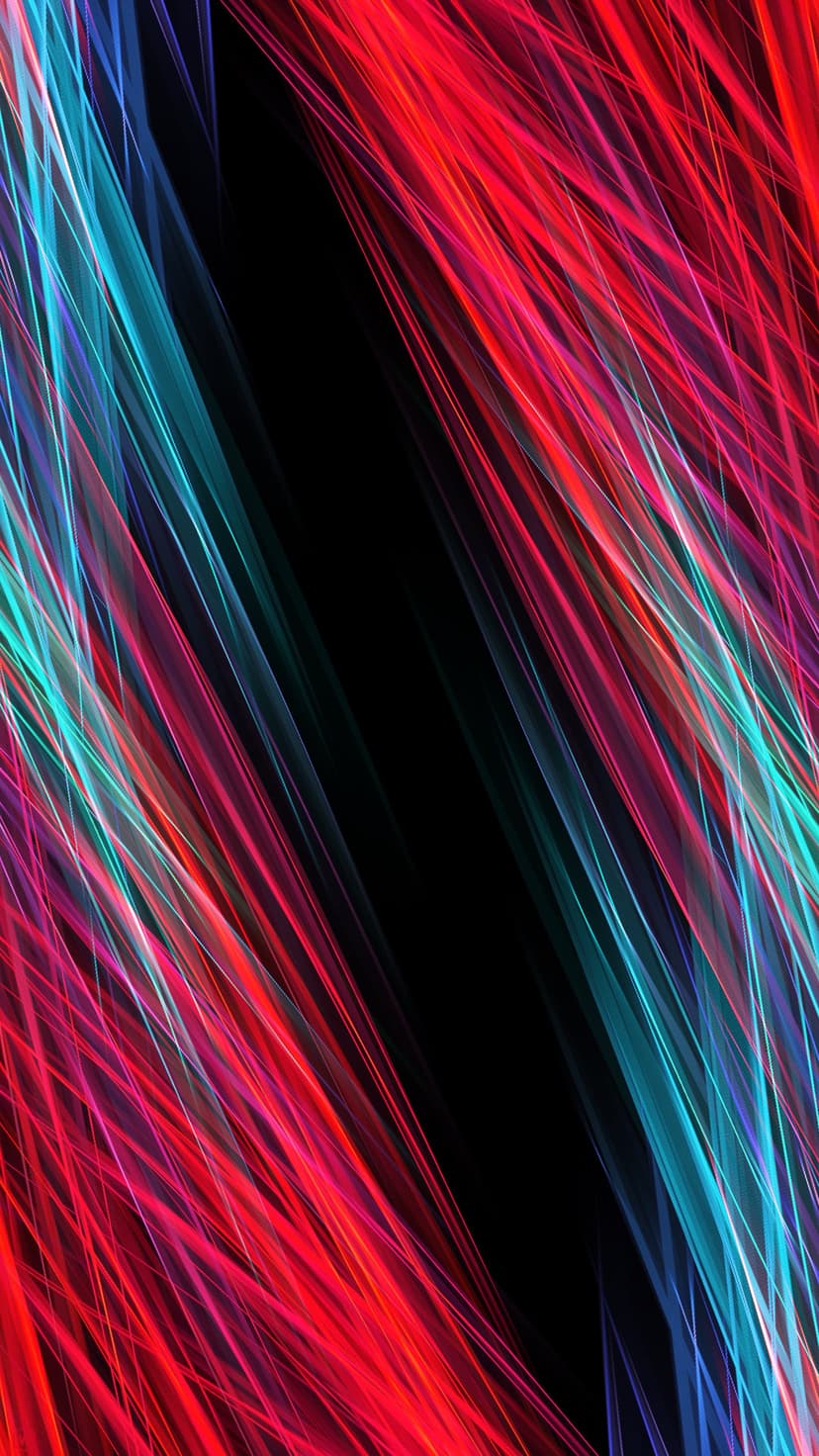 Crimson and turquoise glowing lines flow diagonally across a deep black void with a sense of fluid motion.