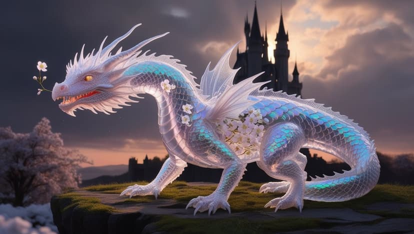 White dragon with glowing eyes perches on a cliff overlooking a castle amidst pink cherry blossoms at sunset.